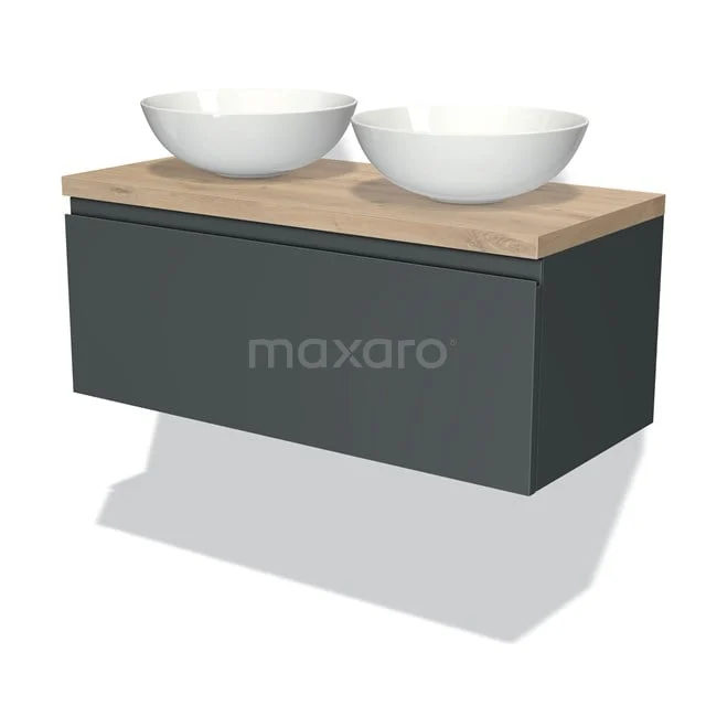 Dunkelgrau Badmöbel mit Holzplatte, doppelte weiße Aufsatzwaschbecken, modernes Design geeignet für stilvolle Bäder.