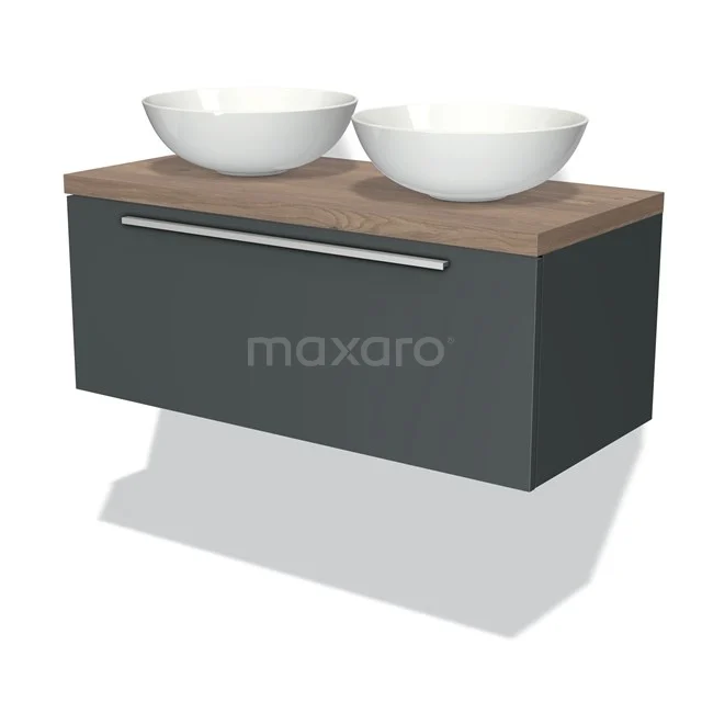 Badmöbel für Waschtischunterschrank mit Konsole 100cm Modulo Plato Dunkelgrau 1 Schublade Flach Mittelbraune Eiche Platte BMK11-00855 Graues schwebendes Badezimmermöbel mit Holzplatte und zwei weißen Aufsatzwaschbecken, ideal für einen modernen Stil.