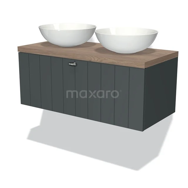 Modulo Plato Badmöbel mit Aufsatzwaschbecken | 100 cm Dunkelgrau Lamelle front Mittelbraune Eiche blatt 1 Schublade BMK11-00856 Dunkelgraue Badmöbel mit Holzlook Platte, doppelte Aufsatzwaschbecken und vertikale Linien für einen modernen Badezimmerstil.