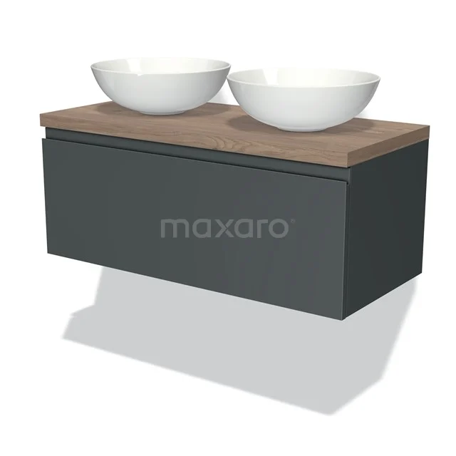 Moderne Badmöbelset mit dunkelgrauem Schublade, Holzplatte und zwei weißen Aufsatz-Waschbecken; ideal für stilvolle Bäder.