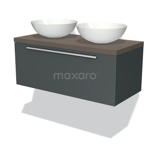 Badmöbel für Aufsatzwaschbecken 100cm Modulo Plato Dunkelgrau 1 Schublade Flach Dunkelbraune Eiche Platte BMK11-00858 Moderne Badmöbelset mit dunklem Schrank, Holzplatte und zwei weißen Aufsatzwaschbecken, ideal für stilvolle Bäder.