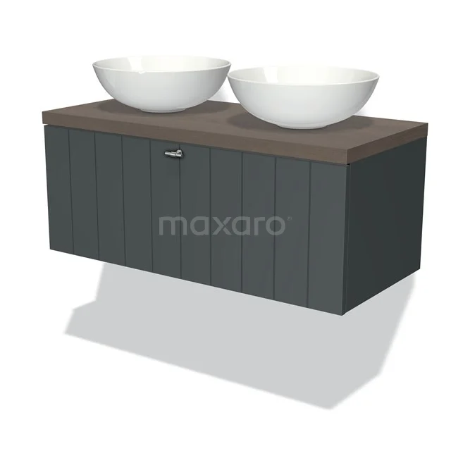 Modulo Plato Badmöbel mit Aufsatzwaschbecken | 100 cm Dunkelgrau Lamelle front Dunkelbraune Eiche blatt 1 Schublade BMK11-00859 Moderne Holz-Badmöbel mit dunkelgrauem Schrank, doppelten weißen Aufsatzwaschbecken und einem eleganten Wandmontage-Design.