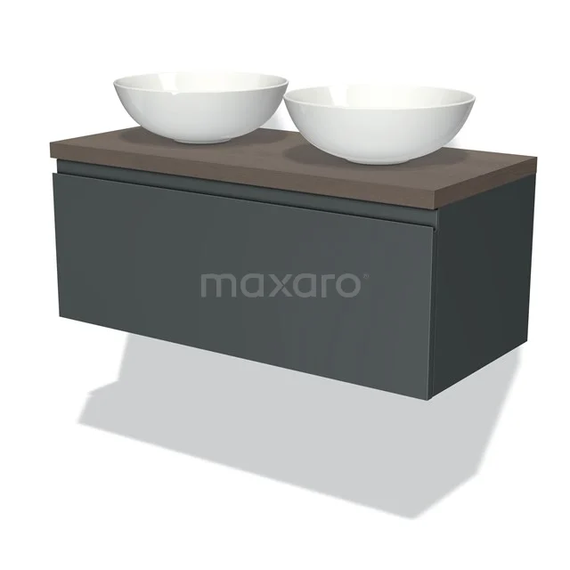 Dunkelgraues schwebendes Badezimmermöbel mit Holzlook Platte und doppelten weißen Aufsatzwaschbecken, modernes Design für ein stilvolles Badezimmer.