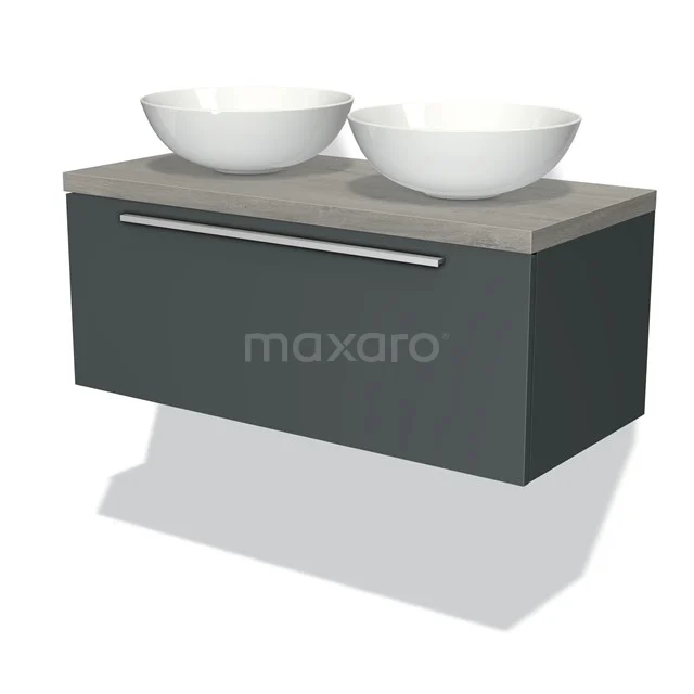 Graues schwebendes Badezimmermöbel mit Holzoberfläche, doppelten weißen Waschbecken und metallischem Haltegriff, modernes Aussehen.