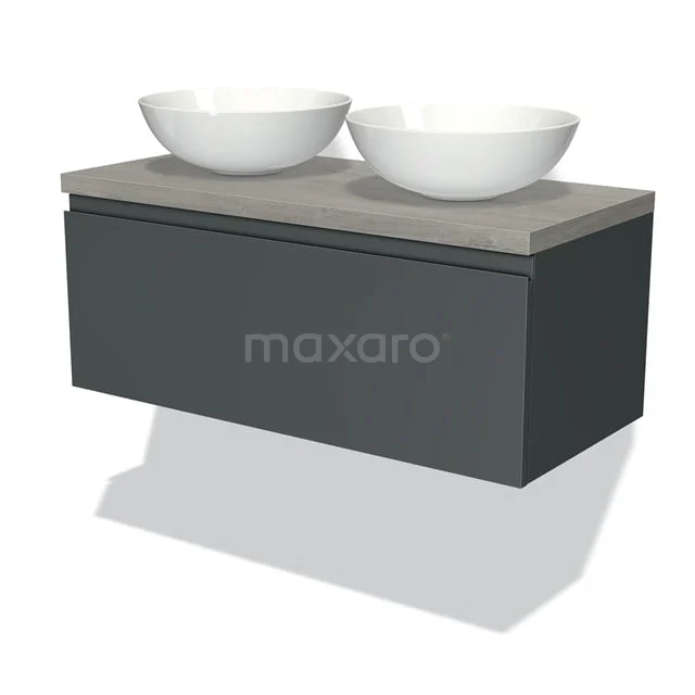 Zweites Badezimmermöbelset mit Doppelwaschbecken, anthrazitfarbenem Schrank, Betonplatte und runden weißen Schalen, modernes Design.
