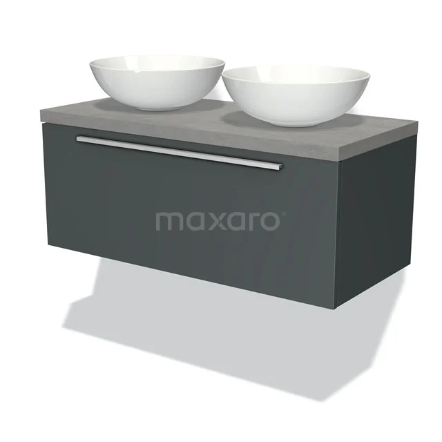 Badmöbel für Waschtischunterschrank mit Konsole 100cm Modulo Plato Dunkelgrau 1 Schublade Flach Hellgrauer Beton Platte BMK11-00864 Antrazit Badezimmermöbel mit doppelten weißen Aufsatzwaschbecken, Wandmontage, schickem Designstil und metallischem Haltegriff.