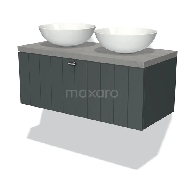 Badmöbel für Waschtischunterschrank mit Konsole 100cm Modulo Plato Dunkelgrau 1 Schubladen-Lamelle Hellgrauer Beton Platte BMK11-00865 Dunkelgraue hängende Badmöbelset mit doppelten weißen Aufsatzwaschbecken, modernes Design und Holzstruktur-Oberfläche.