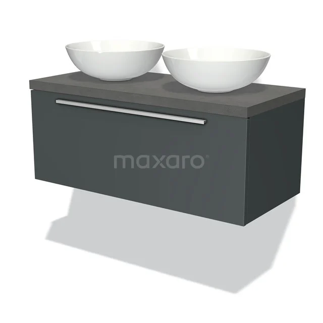 Badmöbel für Waschtischunterschrank mit Konsole 100cm Modulo Plato Dunkelgrau 1 Schublade Flach Dunkelgrauer Beton Platte BMK11-00867 Dunkelgraues schwebendes Badezimmermöbel mit doppelten weißen Aufsatzwaschbecken, minimalistisches Design und metallischem Haltegriff.