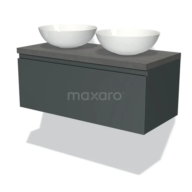 Badmöbel für Aufsatzwaschbecken 100cm Modulo Plato Dunkelgrau 1 Schublade grifflos Dunkelgrauer Beton Platte BMK11-00869 Moderne graue Badmöbelset mit Doppel-Aufsatzwaschbecken-Design, schwebendes Modell, ideal für eine stilvolle Badezimmergestaltung.