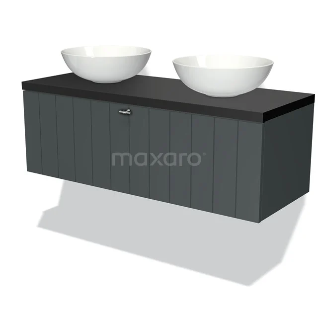 Dark grey wooden bathroom unit with dark grey worktop and double white countertop basin, perfect for modern bathrooms.