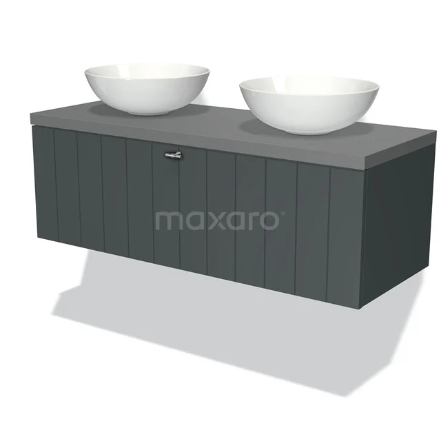 Dark grey vanity unit with two white, round countertop wash basins; modern bathroom design made of wood.