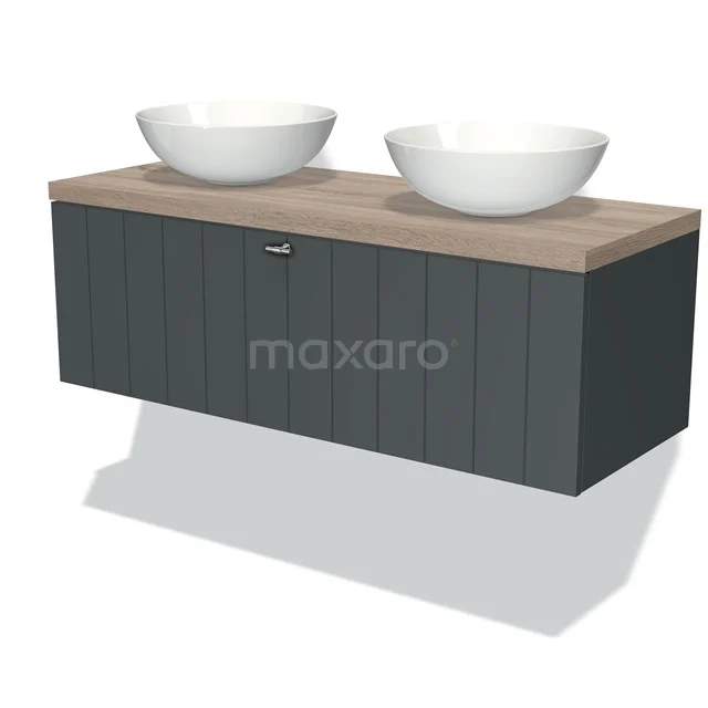 Modulo Plato Vanity units for countertop basin | 120 cm Dark grey Slat front Oak worktop 1 drawer BMK11-00886 Grey bathroom unit with wood-look worktop, double round countertop wash basins, modern style, ideal for stylish bathroom decor.
