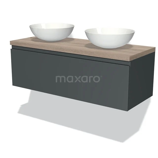 Modulo Plato Vanity units for countertop basin | 120 cm Dark grey Handle-less front Oak worktop 1 drawer BMK11-00887 Dark grey floating bathroom unit with wooden worktop and two white countertop wash basins, modern design.