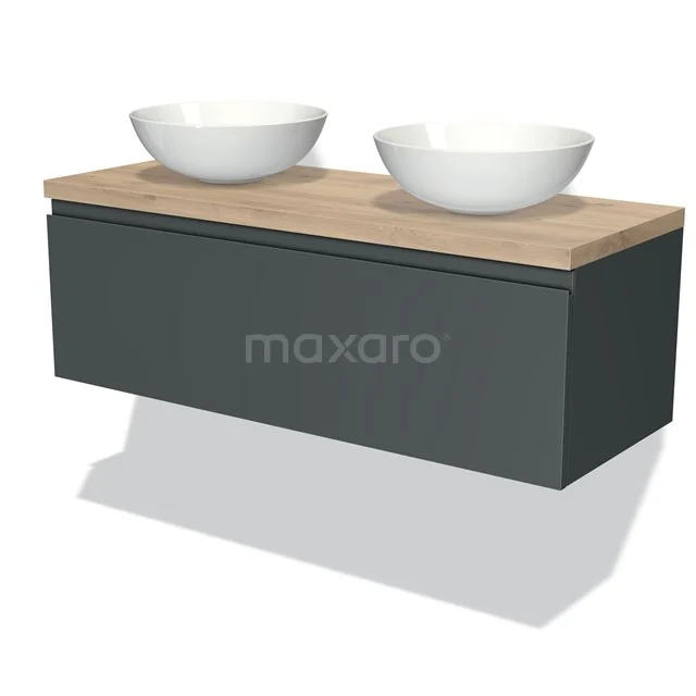 Grey floating bathroom unit with wooden worktop and double white top washbasins, modern design.