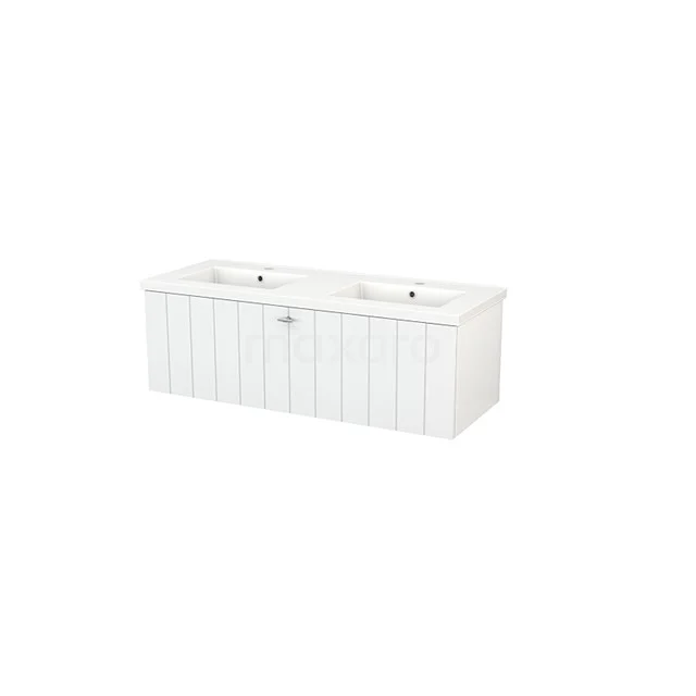 White bathroom furniture set with double basin, wood-look panels and storage space, ideal for a modern bathroom style.
