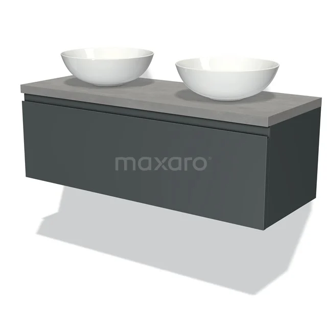 Dark grey hanging wash basin set with two white countertop wash basins, ideal for any modern bathroom.