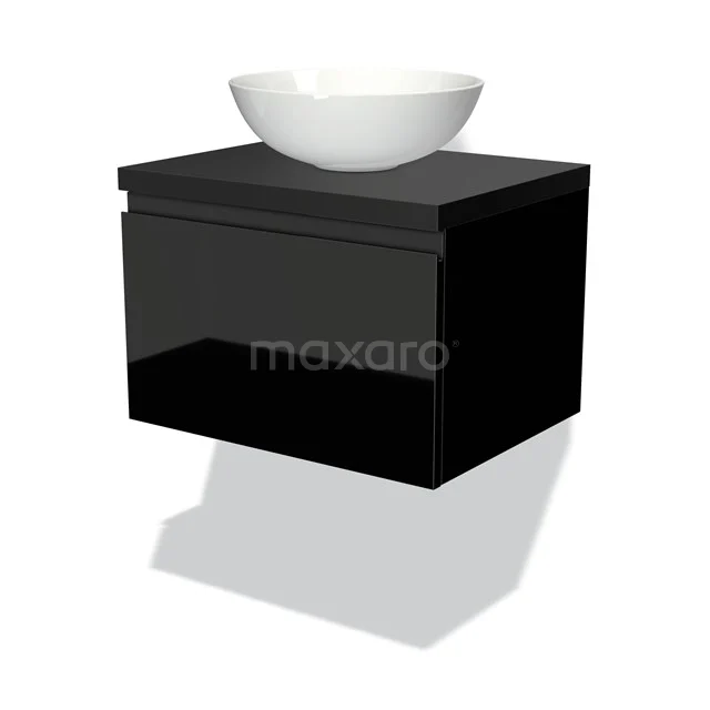 Badmöbel für Waschtischunterschrank mit Konsole 60cm Modulo Plato Hochglanz Schwarz 1 Schublade grifflos Matt Schwarz Platte BMK11-00911 Schwarzes hängendes Badmöbelset mit glänzendem Schublade und weißem keramischen Aufsatzwaschbecken, modernes Design.