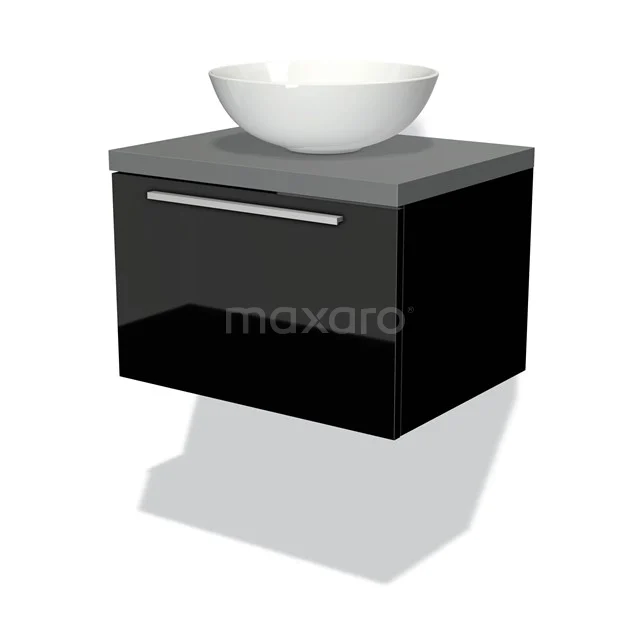 Badmöbel für Waschtischunterschrank mit Konsole 60cm Modulo Plato Hochglanz Schwarz 1 Schublade Flach Mittelgrau Platte BMK11-00912 Schwarzer schwebender Badschrank mit grauer Platte und weißem Aufsatzwaschbecken, modernes Design in glänzender Ausführung.