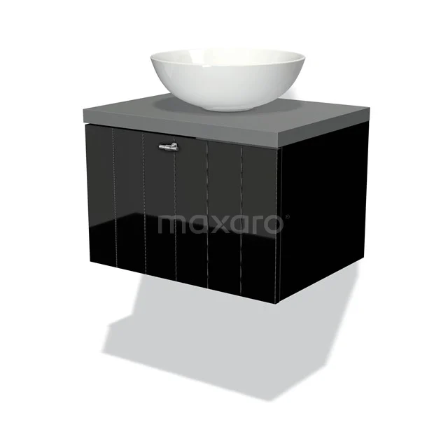 Modulo Plato Vanity units for countertop basin | 60 cm High-gloss black Slat front Mid grey worktop 1 drawer BMK11-00913