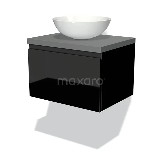 Modulo Plato Vanity units for countertop basin | 60 cm High-gloss black Handle-less front Mid grey worktop 1 drawer BMK11-00914