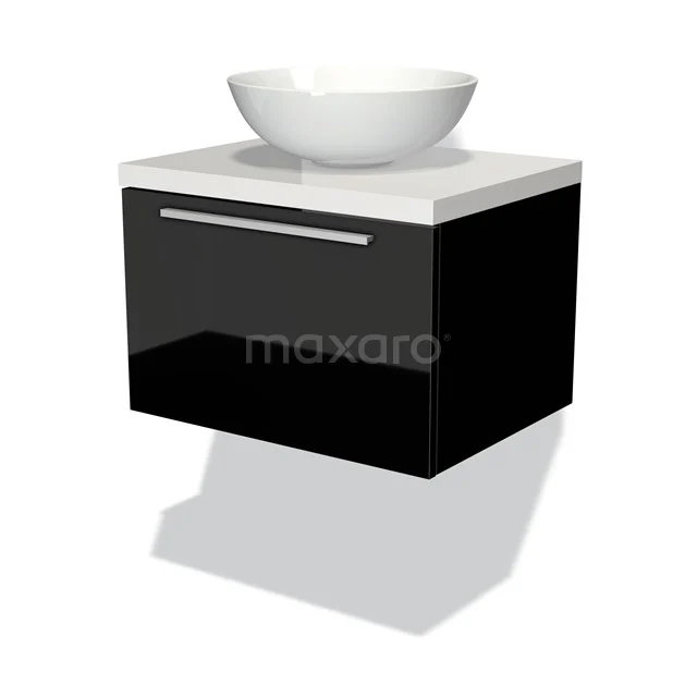 Badmöbel für Waschtischunterschrank mit Konsole 60cm Modulo Plato Hochglanz Schwarz 1 Schublade Flach Hochglanz Weiß Platte BMK11-00915 Schwarzes hängendes Badmöbel mit glänzender Oberfläche und weißem Waschbecken; modernes Design aus der Premium Badezimmerkollektion.