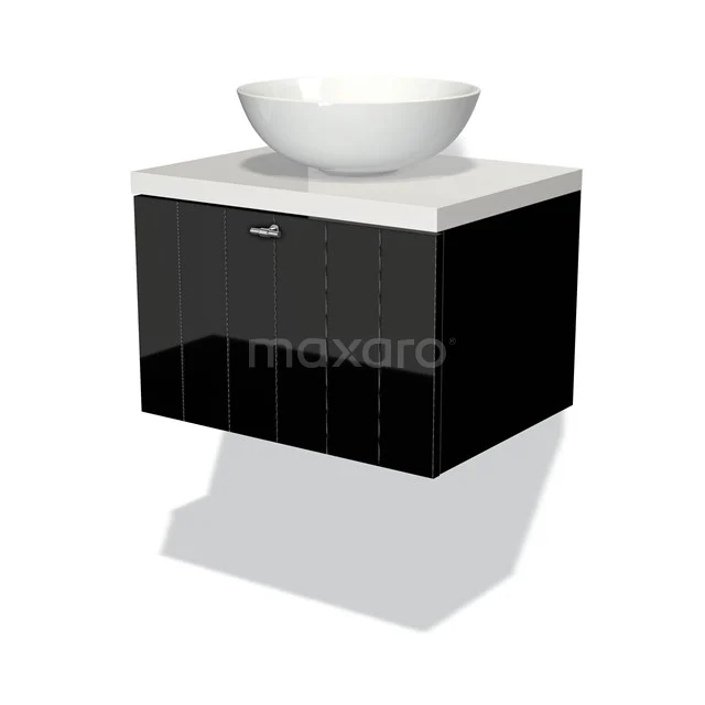 Badmöbel für Waschtischunterschrank mit Konsole 60cm Modulo Plato Hochglanz Schwarz 1 Schublade Lamelle Hochglanz Weiß Platte BMK11-00916 Schwarzer hängender Badschrank mit Glasfront, weißem Keramikwaschbecken und Hochglanzoberfläche, passend in modernen Bädern.