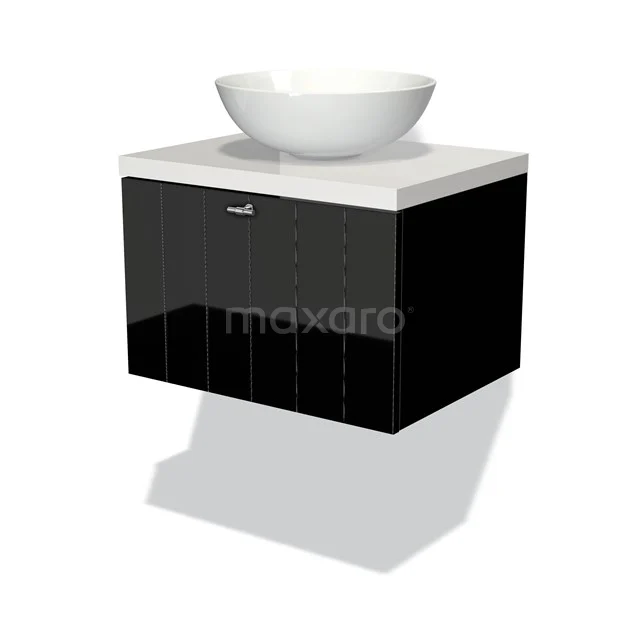 Modulo Plato Badkamermeubel voor waskom | 60 cm Hoogglans zwart Lamel front Hoogglans wit blad 1 lade BMK11-00916