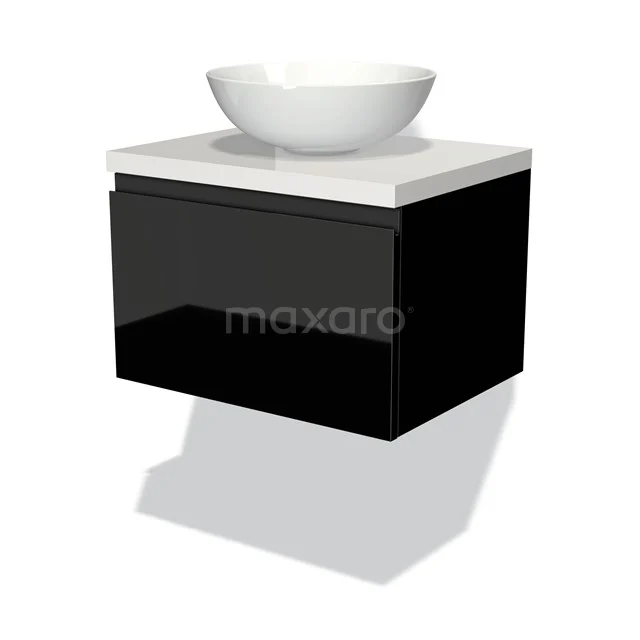 Schwarzer hängender Badschrank mit glänzender Oberfläche, keramischem weißen runden Aufsatzwaschbecken und minimalistischem Design für moderne Bäder.