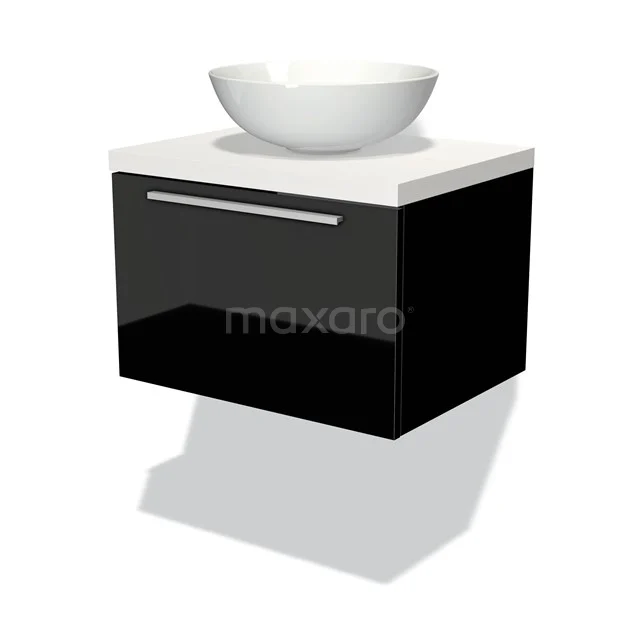 Badmöbel für Waschtischunterschrank mit Konsole 60cm Modulo Plato Hochglanz Schwarz 1 Schublade Flach Matt Weiß Platte BMK11-00918 Zweites Badezimmermöbel Schwarz mit ovalem weißen Aufsatzwaschbecken, modernes Design, glänzend mit chromfarbener Haltegriff verarbeitet.