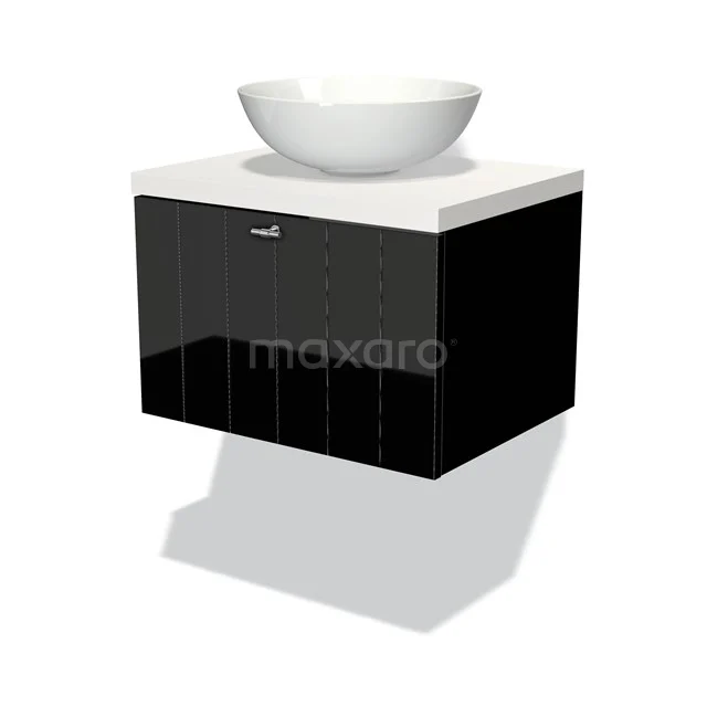 Modulo Plato Vanity units for countertop basin | 60 cm High-gloss black Slat front Matte white worktop 1 drawer BMK11-00919