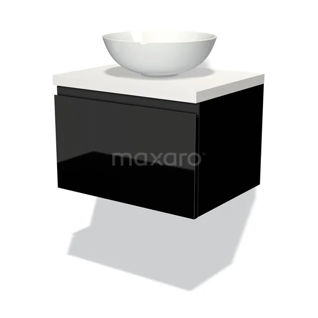 Badmöbel für Waschtischunterschrank mit Konsole 60cm Modulo Plato Hochglanz Schwarz 1 Schublade Grifflos Matt Weiß Platte BMK11-00920 Schwarz-weiß hängendes Badezimmermöbel mit rundem Waschbecken, Hochglanz-Oberfläche und schickem modernem Design.