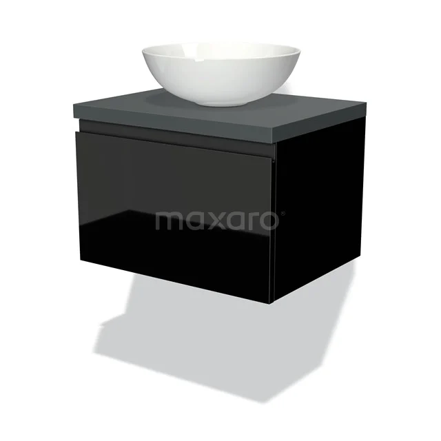 Schwarzes hängendes Badmöbel mit grauer Platte und rundem weißen Aufsatzwaschbecken, modernes Design für ein stilvolles Badezimmer.