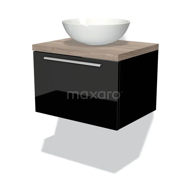 Schwarzer Wandschrank mit Holzplatte und weißem Aufsatzwaschbecken, modernes Badezimmermöbel, schlichtes Design und platzsparend.