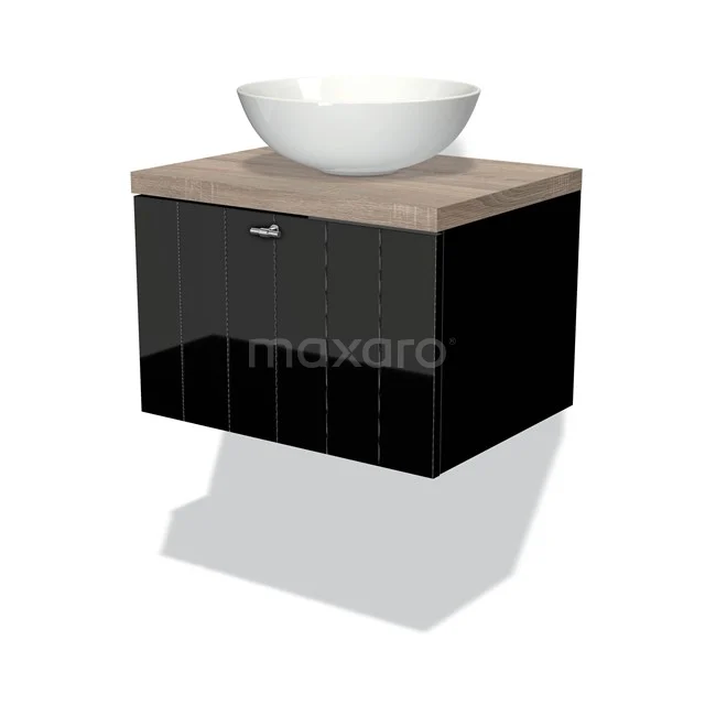 Badmöbel für Waschtischunterschrank mit Konsole 60cm Modulo Plato Hochglanz Schwarz 1 Schublade Lamelle Eiche Platte BMK11-00925 Zweites Badmöbel mit Schwarz glänzender Schublade, Holzplatte und weißem Aufsatzwaschbecken, modernes Design für stilvolle Bäder.