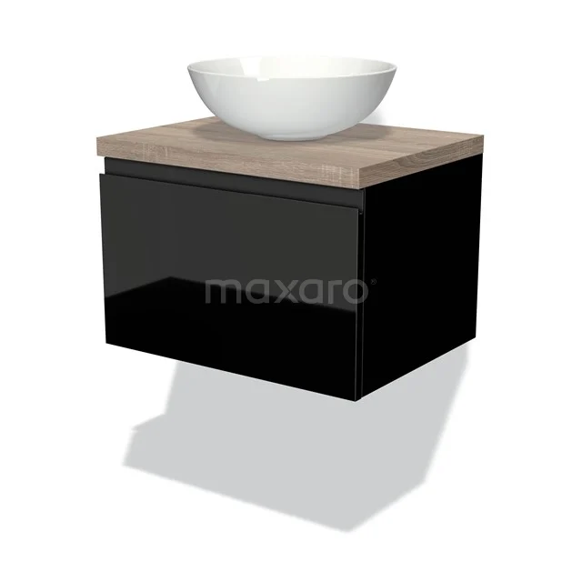 Modulo Plato Vanity units for countertop basin | 60 cm High-gloss black Handle-less front Oak worktop 1 drawer BMK11-00926