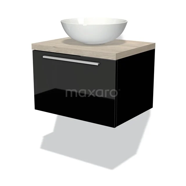Modulo Plato Vanity units for countertop basin | 60 cm High-gloss black Flat front Light grey oak worktop 1 drawer BMK11-00927