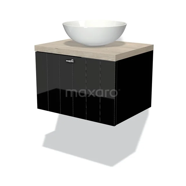 Modulo Plato Vanity units for countertop basin | 60 cm High-gloss black Slat front Light grey oak worktop 1 drawer BMK11-00928