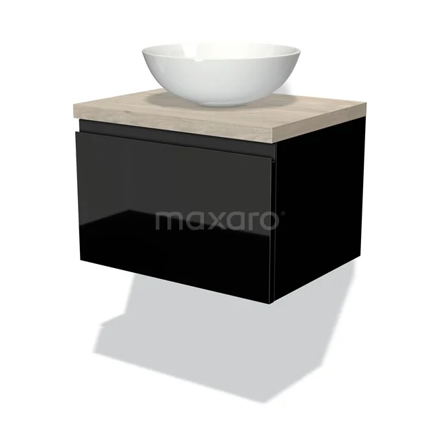 Schwarze Badmöbel mit Holzlook Platte und weißem Aufsatzwaschbecken, modernes Design für zeitgemäße Badezimmergestaltung.