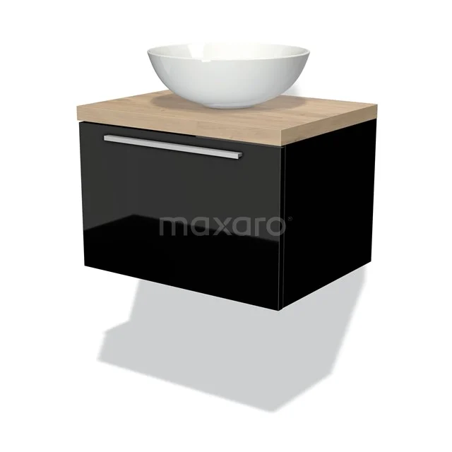 Badmöbel für Waschtischunterschrank mit Konsole 60cm Modulo Plato Hochglanz Schwarz 1 Schublade Flach hellbraune Eiche Platte BMK11-00930 Moderne schwarze Wandregal mit Holzplatte und weißem Aufsatzwaschbecken, ideal für eine stilvolle Badezimmergestaltung.