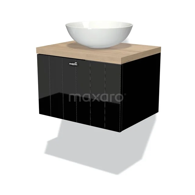 Badmöbel für Waschtischunterschrank mit Konsole 60cm Modulo Plato Hochglanz Schwarz 1 Schublade Lamelle hellbraune Eiche Platte BMK11-00931 Schwarzer Badschrank mit Holzplatte und weißem rundem Aufsatzwaschbecken, modernes Design für stilvolles Badezimmerinterieur.