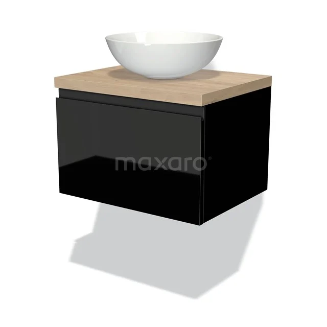 Badmöbel für Aufsatzwaschbecken 60cm Modulo Plato Hochglanz Schwarz 1 Schublade Grifflos Hellbraune Eiche Platte BMK11-00932 Zwevende schwarze Badmöbel mit Holzplatte und weißem komfömigen Waschbecken, modernes Design.