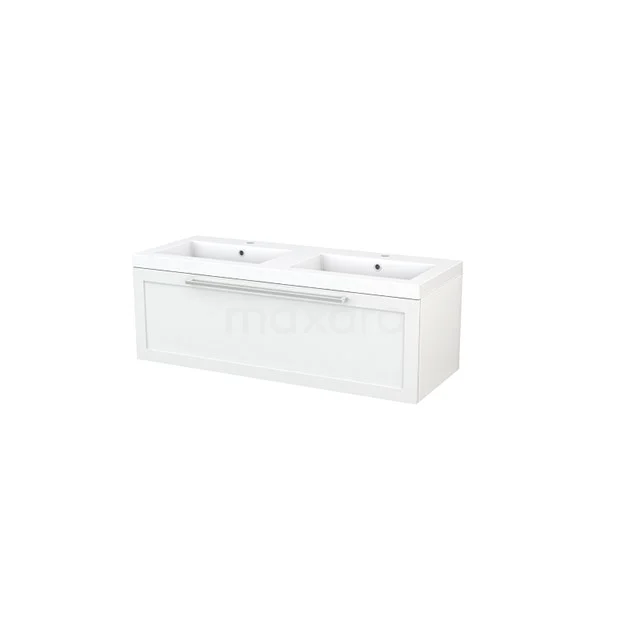 White double vanity unit with glossy finish and spacious drawers, ideal for modern bathroom storage.