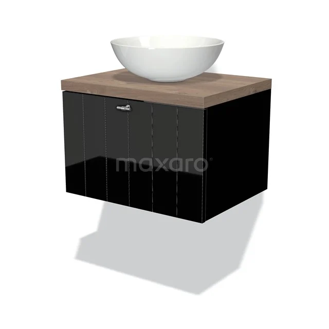 Schwarze Badmöbelset mit glänzendem Schrank, Holzplatte und weißem runden Aufsatzwaschbecken, perfekt für modernen Badezimmerstil.