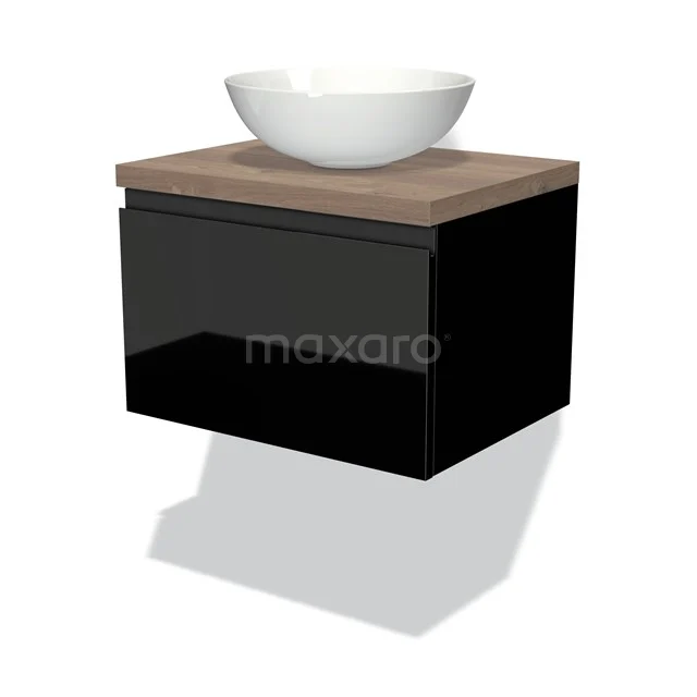 Badmöbel für Aufsatzwaschbecken 60cm Modulo Plato Hochglanz Schwarz 1 Schublade Grifflos Mittelbraune Eiche Platte BMK11-00935 Zweites Schwarz Badezimmermöbel mit Holzlook Platte, keramischem Aufsatzwaschbecken und Hochglanz-Finish für einen modernen Badezimmerstil.