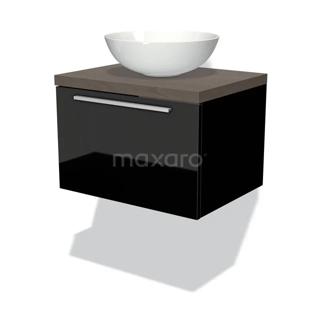 Schwarzes hängendes Badezimmermöbel mit Holzplatte und weißem rundem Waschbecken, modernes Design für ein stilvolles Badezimmer.