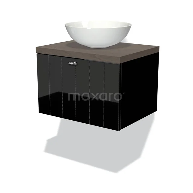 Modulo Plato Vanity units for countertop basin | 60 cm High-gloss black Slat front Dark brown oak worktop 1 drawer BMK11-00937