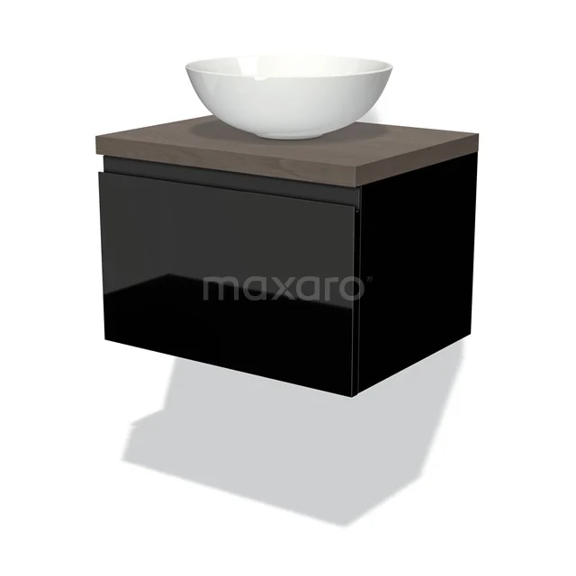 Badmöbel für Aufsatzwaschbecken 60cm Modulo Plato Hochglanz Schwarz 1 Schublade grifflos dunkelbraune Eiche Platte BMK11-00938 Schwarzes hängendes Badmöbel mit Holzlook Platte und modernem weißen Aufsatzwaschbecken, ideal für schlichte und stilvolle Bäder.