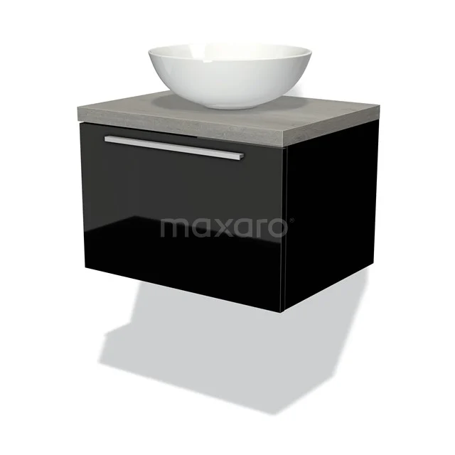 Schwarzes Badmöbel mit mattem grauem Waschtischplatte und runder weißer Aufsatzwaschbecken, modernes Design für ein stilvolles Badezimmer.