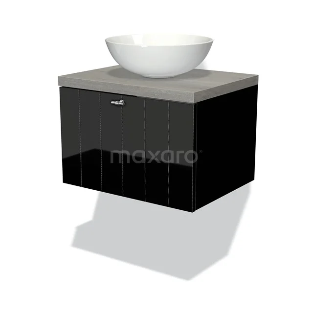 Modulo Plato Vanity units for countertop basin | 60 cm High-gloss black Slat front Grey oak worktop 1 drawer BMK11-00940