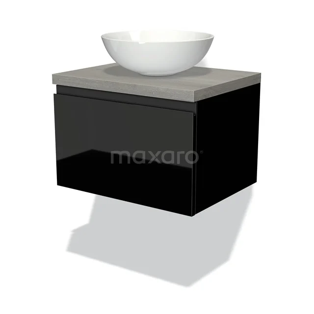 Badmöbel für Aufsatzwaschbecken 60cm Modulo Plato Hochglanz Schwarz 1 Schublade Grifflos Graue Eiche Platte BMK11-00941 Schwarzer Badschrank mit schwebendem Design, Betonplatte und weißem rundem Waschbecken; modern und platzsparend.
